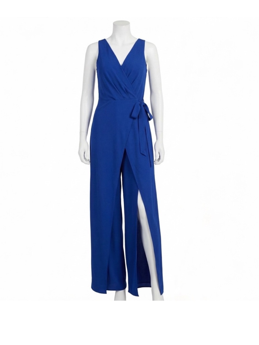 London Style Collection Royal Blue Wide Leg Split Sleeveless Wrap Jumpsuit Sz 16